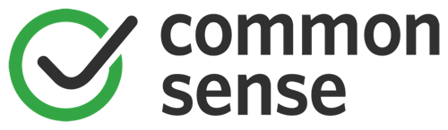 green circle with a black checkmark with Common Sense in black text 