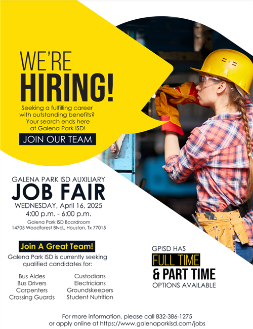  Job Fair in the GPISD Board room Wednesday, April 16 from 4pm-6pm