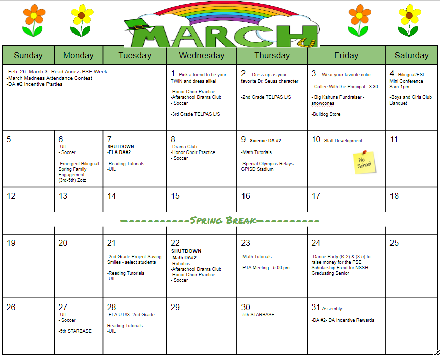  March Calendar 